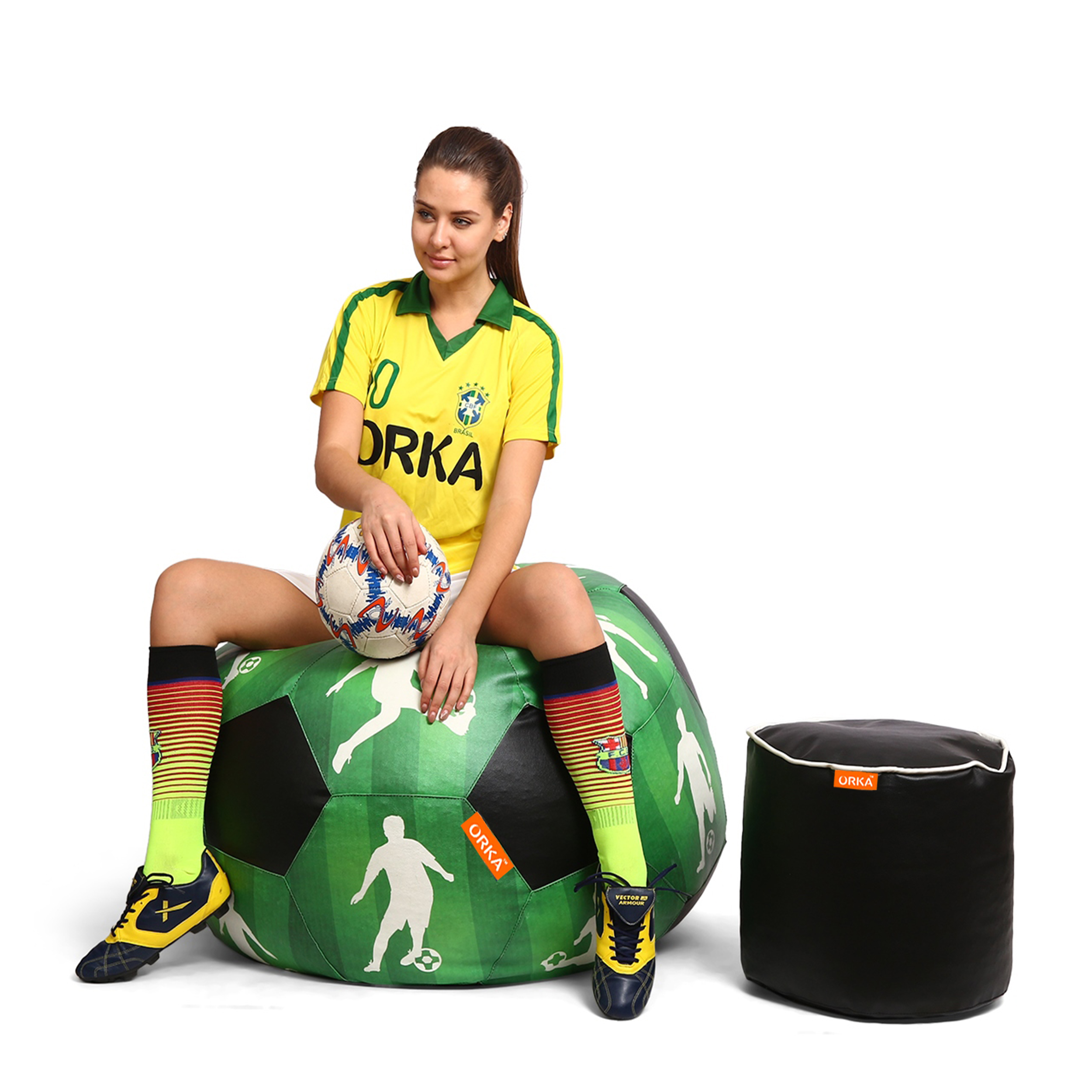 Orka Digital Printed XXXL Foorball With Mathching Footstool Filled Bean Bag With Beans (FB51 Multicolor)